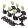 Set of six black guitar tuning machines with cream tuning knobs and mounting hardware including screws and washers.