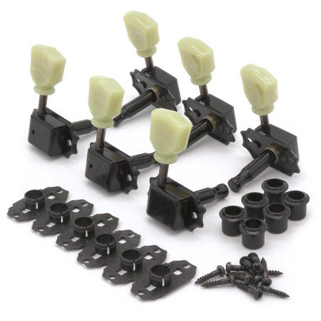 Set of six black guitar tuning machines with cream tuning knobs and mounting hardware including screws and washers.