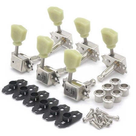 Set of six nickel guitar tuning machines with cream-colored tuning pegs and metal washers, bushings, screws.