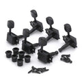 Set of six black guitar tuning pegs arranged with matching bushings and screws on white background.