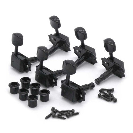 Set of six black guitar tuning pegs arranged with matching bushings and screws on white background.