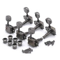 Set of six metallic black guitar tuners with mounting screws and bushings arranged on a white background.
