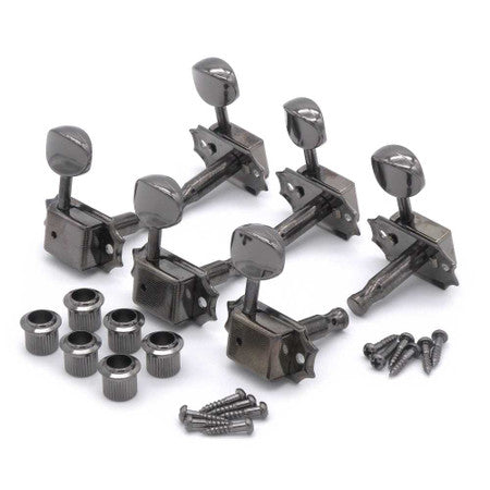 Set of six metallic black guitar tuners with mounting screws and bushings arranged on a white background.