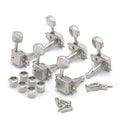 Set of six silver metal guitar tuning machines with mounting screws and bushing nuts on white background.