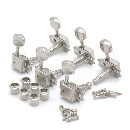 Set of six silver metal guitar tuning machines with mounting screws and bushing nuts on white background.