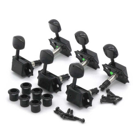 Set of six black guitar tuning pegs with bushings and screws on a white background.