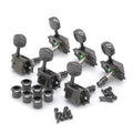 Set of four black guitar tuning machines with mounting hardware on a white background.