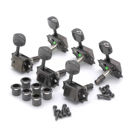 Set of four black guitar tuning machines with mounting hardware on a white background.