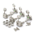 Set of six nickel-colored guitar tuning machines with top-locking knobs and mounting screws.