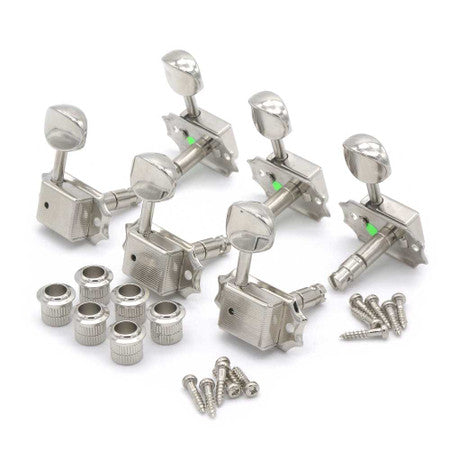 Set of six nickel-colored guitar tuning machines with top-locking knobs and mounting screws.