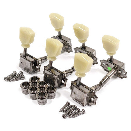 Set of six silver guitar machine tuners with cream-colored knobs, screws, and bushings arranged on white background.