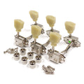 Set of six nickel-colored guitar tuners with off-white tuning keys and included screws and bushings.