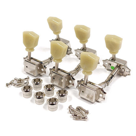 Set of six nickel-colored guitar tuners with off-white tuning keys and included screws and bushings.