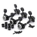 Set of six black guitar locking tuners with matching bushings and mounting screws arranged on a white surface.