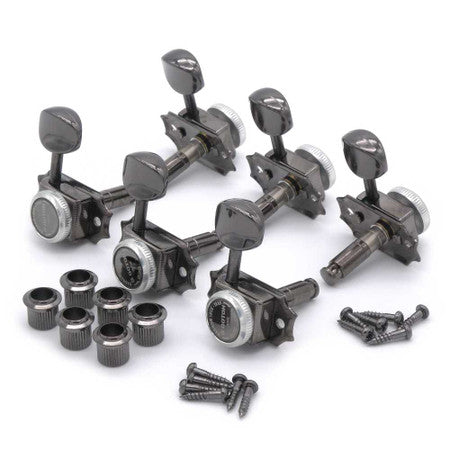 Set of six black metal guitar locking tuners with screws and bushings visible on white background