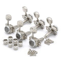 Set of six silver metal locking tuners for guitar with mounting screws and bushings arranged in groups.