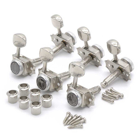 Set of six silver metal locking tuners for guitar with mounting screws and bushings arranged in groups.