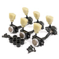 Set of six black locking tuning pegs with ivory knobs and mounting screws for guitar tuning.