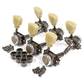 Set of six locking guitar tuners with cream knobs and included screws and bushings shown on white background.