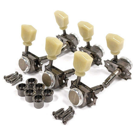Set of six locking guitar tuners with cream knobs and included screws and bushings shown on white background.
