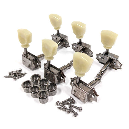 Set of six guitar tuning machine heads with cream tuning keys and associated screws and bushings on a white background.