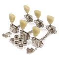 Set of six metal guitar tuning pegs with cream plastic knobs, screws, and bushings on a white background.