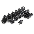 Set of six black metal guitar tuning machines with accompanying bushings and screws.