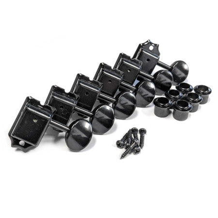 Set of six black metal guitar tuning machines with accompanying bushings and screws.