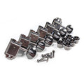 Set of six chrome guitar tuning pegs with mounting bushings and screws arranged on a white background.
