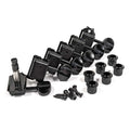 Set of six black inline guitar tuning pegs with bushings and screws for mounting.