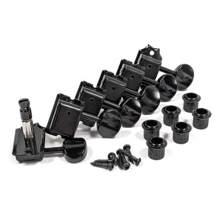 Set of six black inline guitar tuning pegs with bushings and screws for mounting.