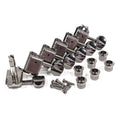 Set of six metal guitar tuning machine heads with bushings and mounting screws on white background