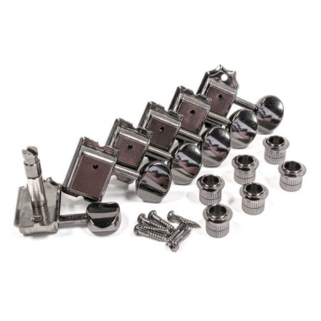 Set of six metal guitar tuning machine heads with bushings and mounting screws on white background