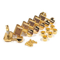 A set of six gold guitar tuning machines with washers and screws arranged on a white background.