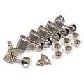 Set of six inline metallic silver guitar tuners with bushings and screws on a white background.