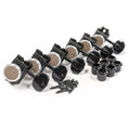 Six black locking tuners with knobs, screws, and washers arranged in a line on a white surface.