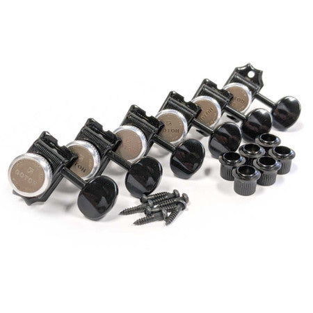 Six black locking tuners with knobs, screws, and washers arranged in a line on a white surface.
