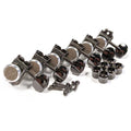 Set of six black and silver guitar tuning machines arranged in a row with screws and bushings.