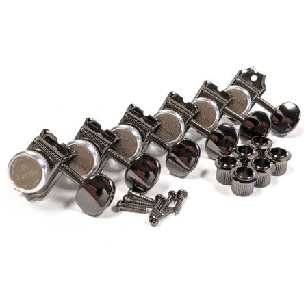 Set of six black and silver guitar tuning machines arranged in a row with screws and bushings.