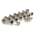 Set of six silver-colored locking guitar tuners with mounting screws and bushings arranged on white background.