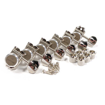 Set of six silver-colored locking guitar tuners with mounting screws and bushings arranged on white background.