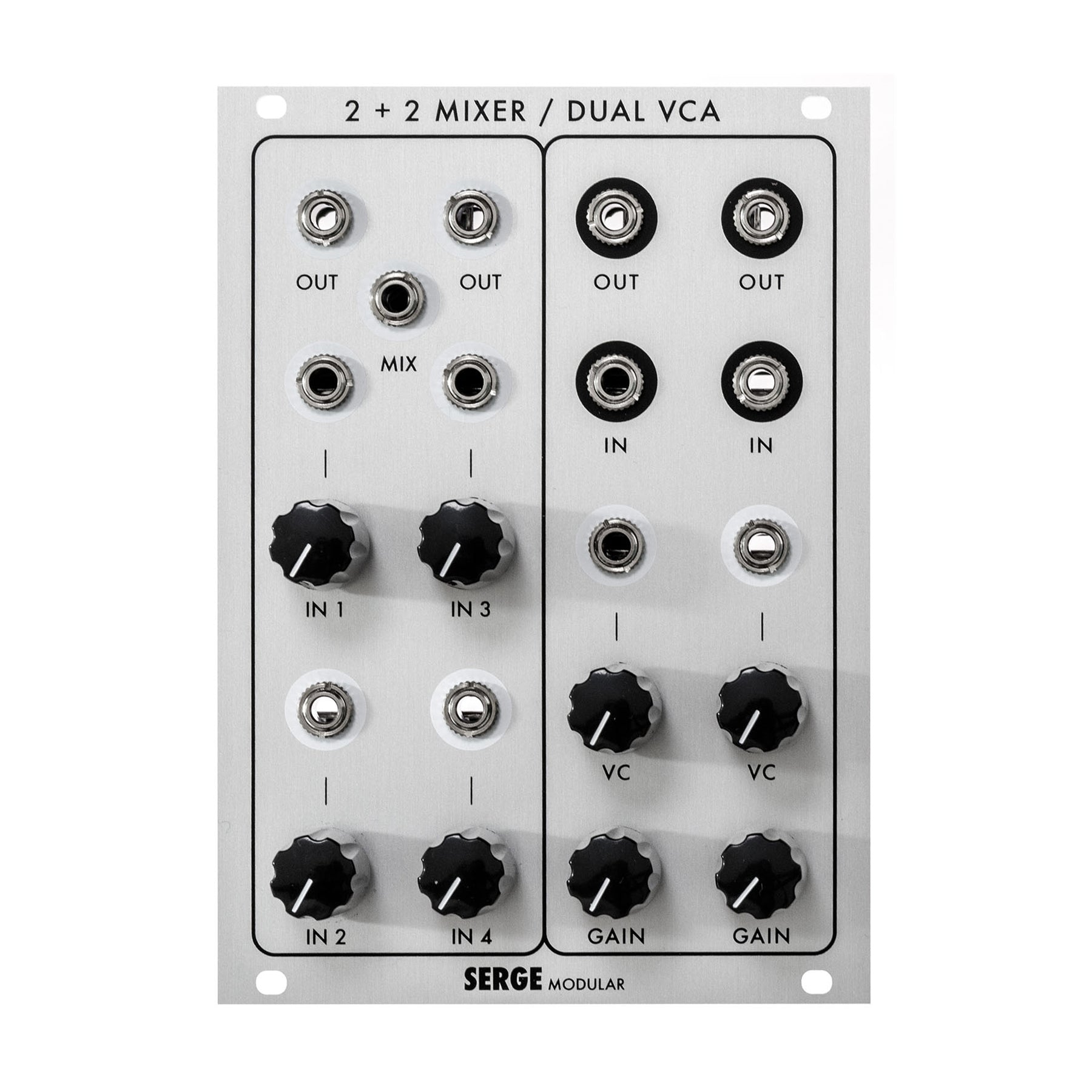Silver Serge Modular eurorack module with knobs and 3.5 mm jacks labeled mixer and dual VCA.