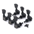 Set of six black guitar tuning pegs with mounting posts and screws on a white background.