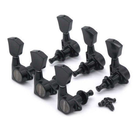 Set of six black guitar tuning pegs with mounting posts and screws on a white background.
