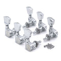 Set of six chrome guitar tuning machines with tuning pegs and mounting screws on a white background.