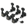 Set of six black guitar tuning pegs with mounting screws on a white background.