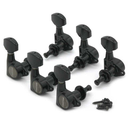 Set of six black guitar tuning pegs with mounting screws on a white background.