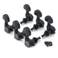 Set of six black guitar tuning pegs with mounting screws on a white background.