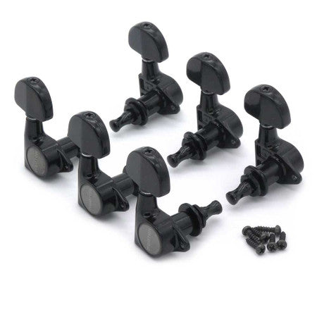 Set of six black guitar tuning pegs with mounting screws on a white background.