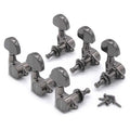 Set of six metal guitar tuning machines with mounting screws on a white background.